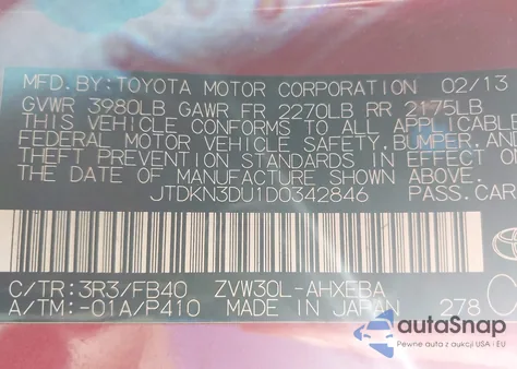 2013 Toyota Prius Three from USA, damaged, VIN JTDKN3DU1D0342846